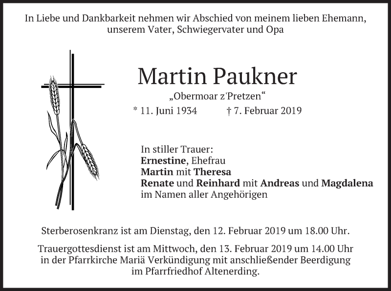  Traueranzeige für Martin Paukner vom 11.02.2019 aus merkurtz