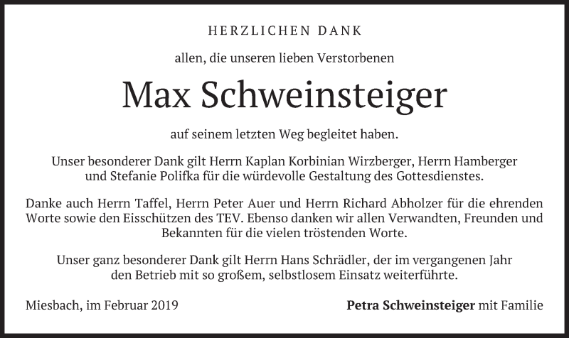  Traueranzeige für Max Schweinsteiger vom 09.02.2019 aus merkurtz
