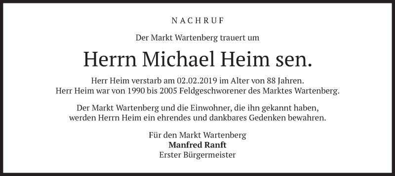  Traueranzeige für Michael Heim vom 12.02.2019 aus merkurtz