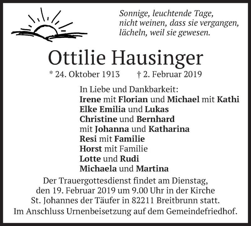  Traueranzeige für Ottilie Hausinger vom 16.02.2019 aus merkurtz
