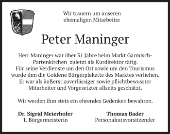Traueranzeige von Peter Maninger von merkurtz