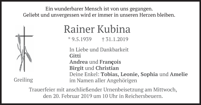 Traueranzeige für Rainer Kubina vom 18.02.2019 aus merkurtz