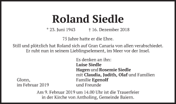 Traueranzeige von Roland Siedle von merkurtz