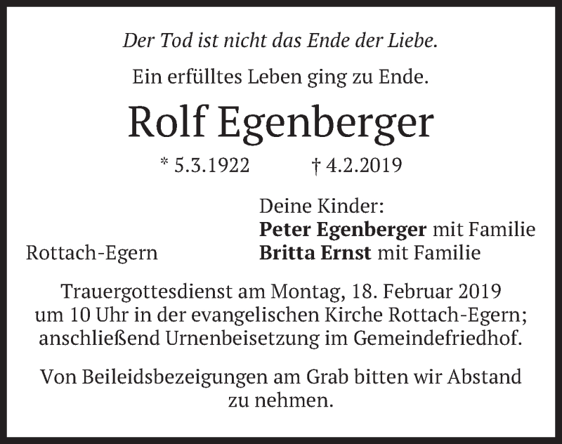 Traueranzeige für Rolf Egenberger vom 13.02.2019 aus merkurtz