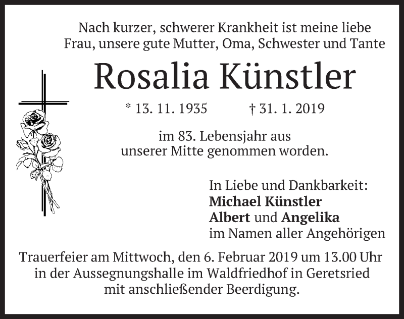  Traueranzeige für Rosalia Künstler vom 04.02.2019 aus merkurtz