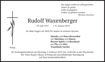 Traueranzeige von Rudolf Waxenberger