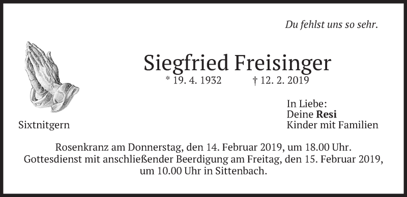  Traueranzeige für Siegfried Freisinger vom 13.02.2019 aus merkurtz