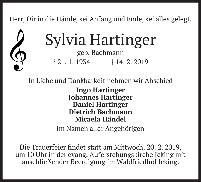  Traueranzeige für Sylvia Hartinger vom 16.02.2019 aus merkurtz