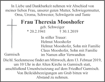 Traueranzeige von Theresia Mooshofer von merkurtz