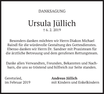 Traueranzeige von Ursula Jüllich von merkurtz