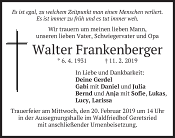 Traueranzeige von Walter Frankenberger von merkurtz