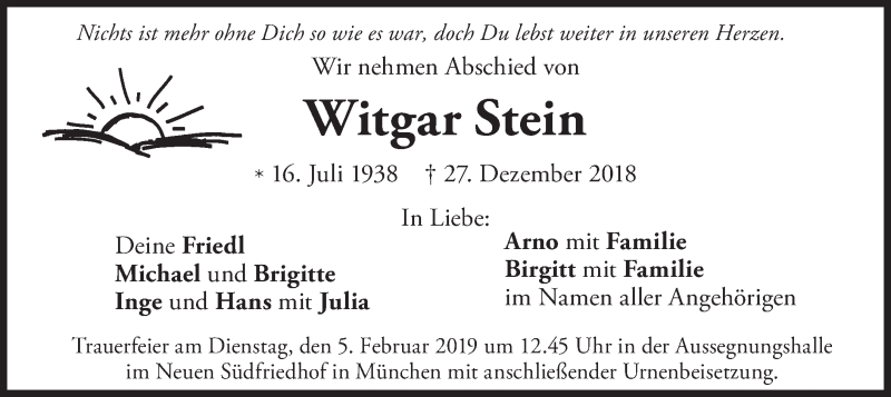  Traueranzeige für Witgar Stein vom 02.02.2019 aus merkurtz