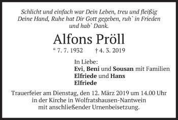 Traueranzeige von Alfons Pröll von merkurtz
