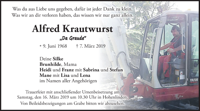  Traueranzeige für Alfred Krautwurst vom 13.03.2019 aus merkurtz