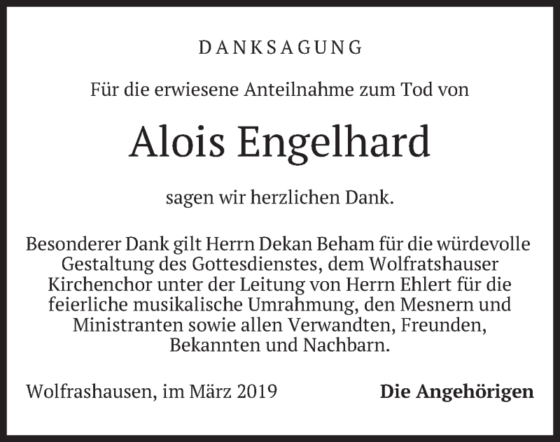  Traueranzeige für Alois Engelhard vom 02.03.2019 aus merkurtz