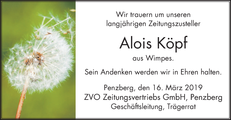  Traueranzeige für Alois Köpf vom 16.03.2019 aus merkurtz