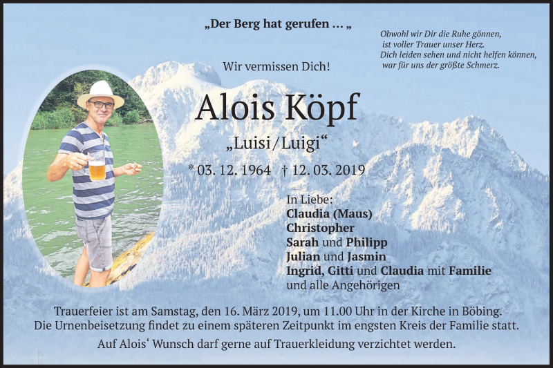  Traueranzeige für Alois Köpf vom 15.03.2019 aus merkurtz