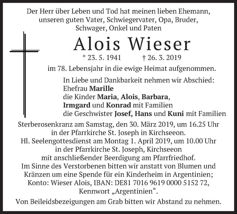  Traueranzeige für Alois Wieser vom 29.03.2019 aus merkurtz