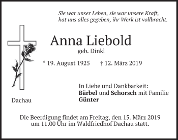 Traueranzeige von Anna Liebold von merkurtz