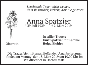 Traueranzeige von Anna Spatzier von merkurtz