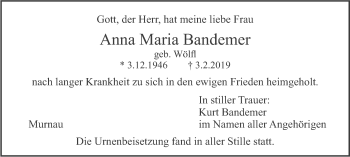 Traueranzeige von Anna Maria Bandemer von merkurtz