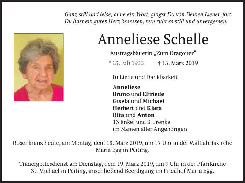  Traueranzeige für Anneliese Schelle vom 18.03.2019 aus merkurtz
