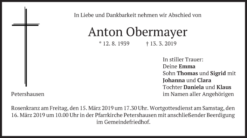  Traueranzeige für Anton Obermayer vom 14.03.2019 aus merkurtz
