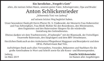 Traueranzeige von Anton Schlickenrieder von merkurtz