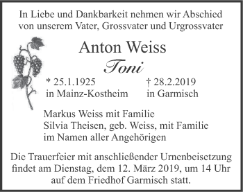 Traueranzeige von Anton Weiss von merkurtz