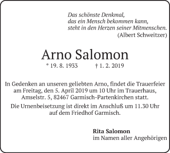 Traueranzeige von Arno Salomon von merkurtz
