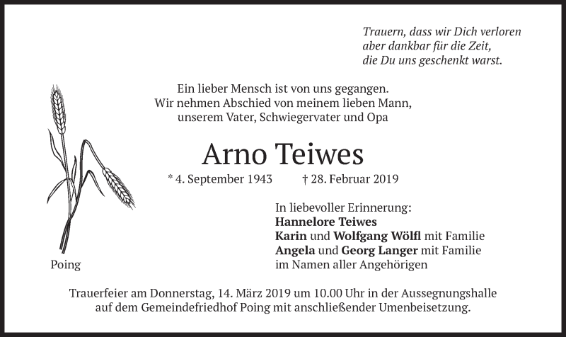  Traueranzeige für Arno Teiwes vom 09.03.2019 aus merkurtz