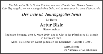 Traueranzeige von Artur Bisle von merkurtz