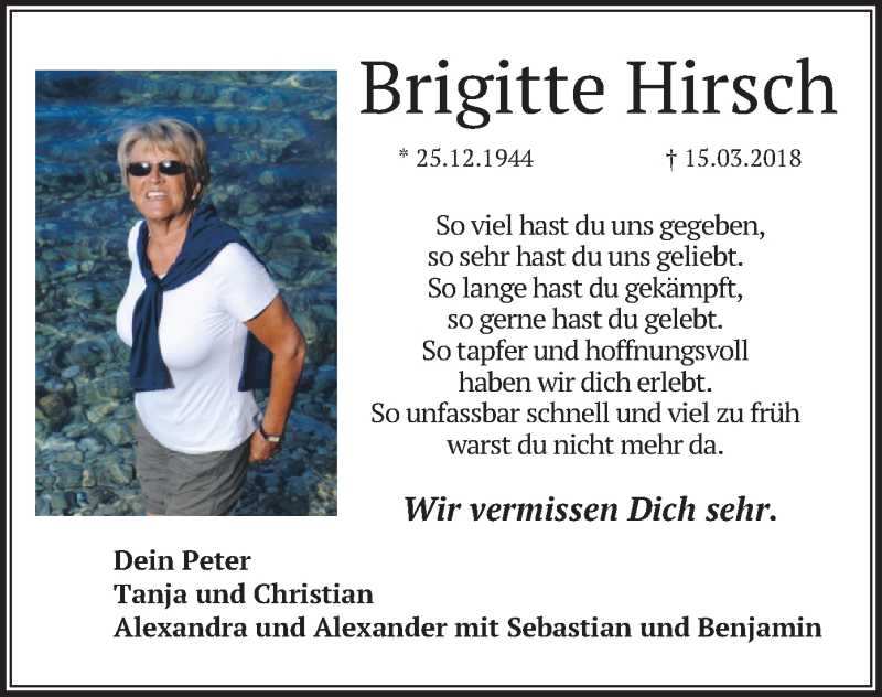  Traueranzeige für Brigitte Hirsch vom 15.03.2019 aus merkurtz