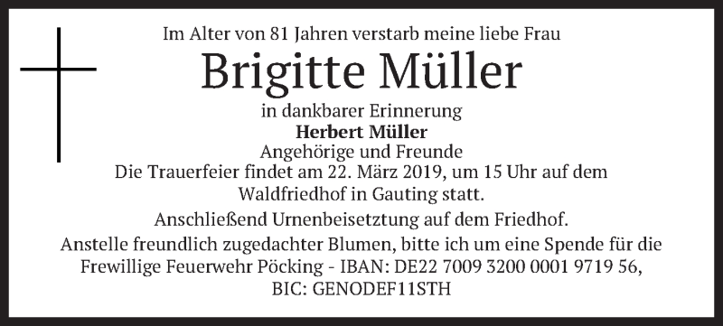  Traueranzeige für Brigitte Müller vom 19.03.2019 aus merkurtz