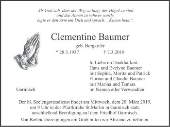 Traueranzeige von Clementine Baumer von merkurtz