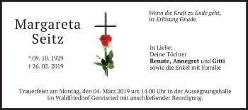 Traueranzeige von Margareta Seitz von merkurtz