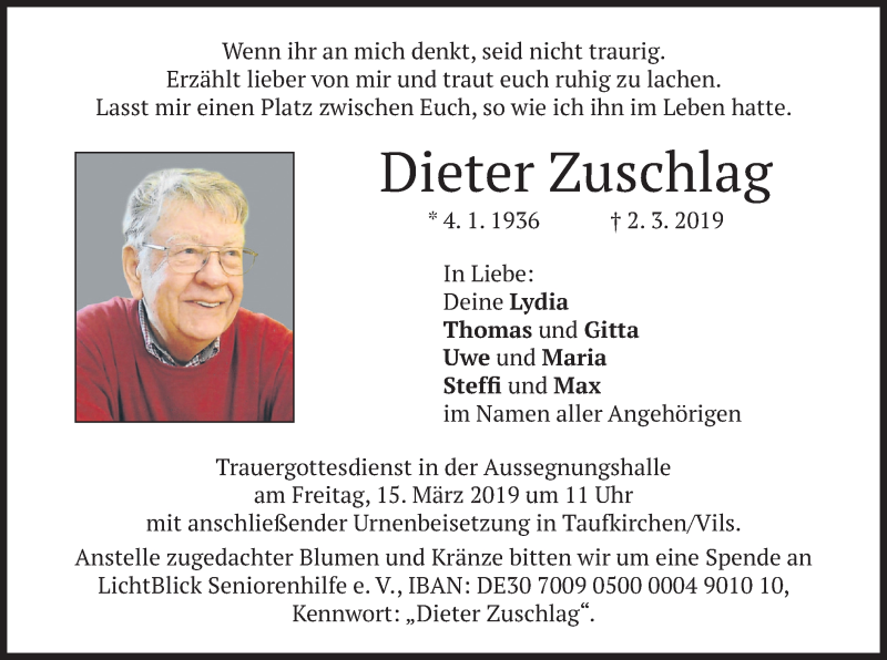  Traueranzeige für Dieter Zuschlag vom 09.03.2019 aus merkurtz