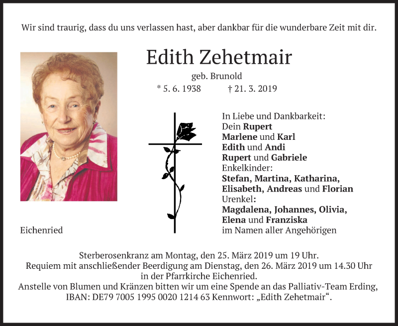  Traueranzeige für Edith Zehetmair vom 23.03.2019 aus merkurtz