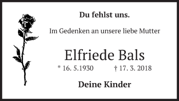Traueranzeige von Elfriede Bals von merkurtz