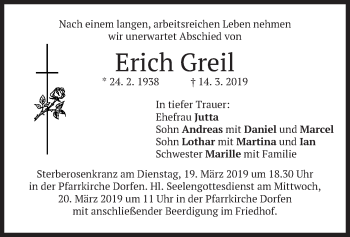 Traueranzeige von Erich Greil von merkurtz