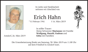 Traueranzeige von Erich Hahn von merkurtz