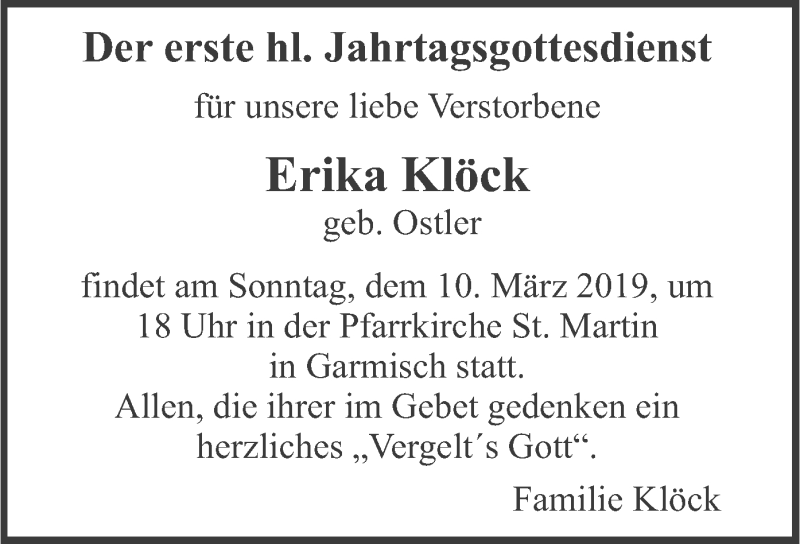  Traueranzeige für Erika Klöck vom 08.03.2019 aus merkurtz