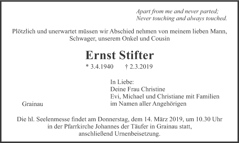  Traueranzeige für Ernst Stifter vom 11.03.2019 aus merkurtz