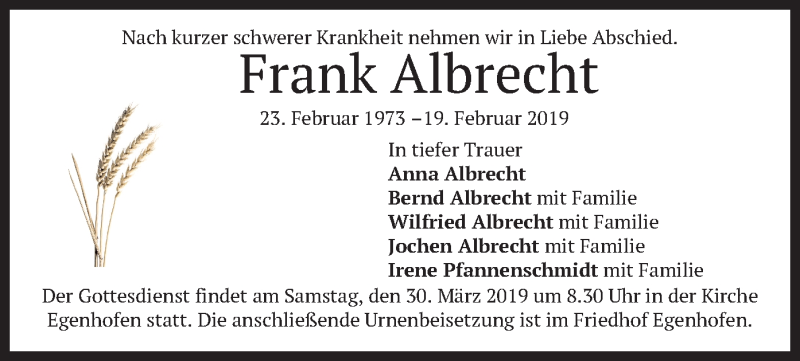  Traueranzeige für Frank Albrecht vom 02.03.2019 aus merkurtz