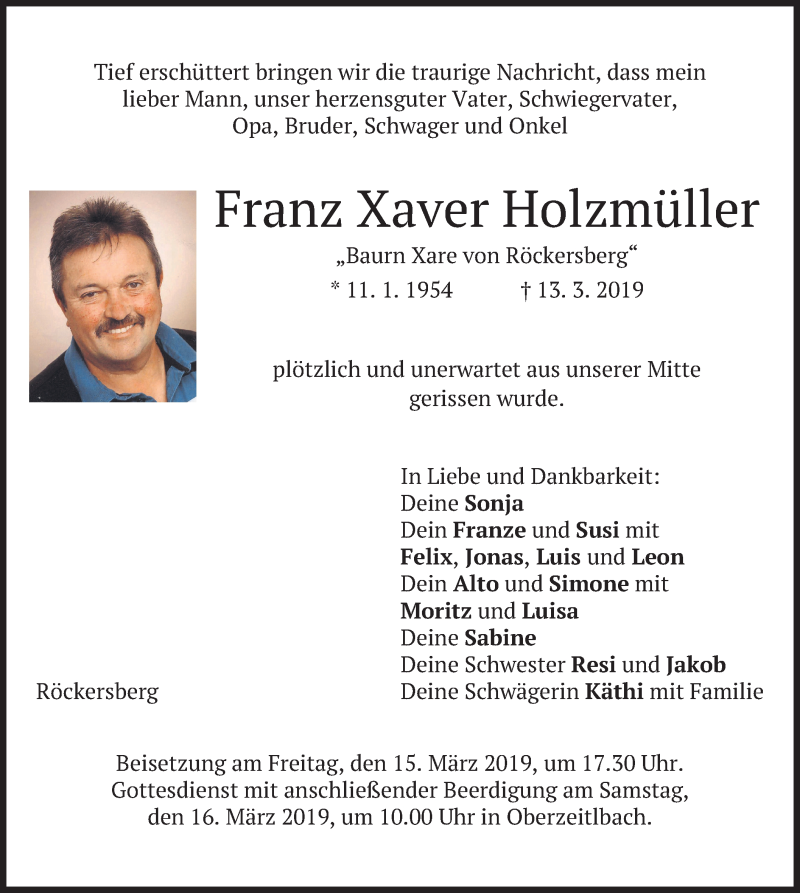  Traueranzeige für Franz Xaver Holzmüller vom 15.03.2019 aus merkurtz