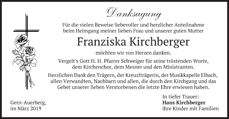  Traueranzeige für Franziska Kirchberger vom 16.03.2019 aus merkurtz