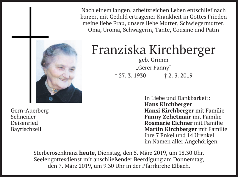  Traueranzeige für Franziska Kirchberger vom 05.03.2019 aus merkurtz
