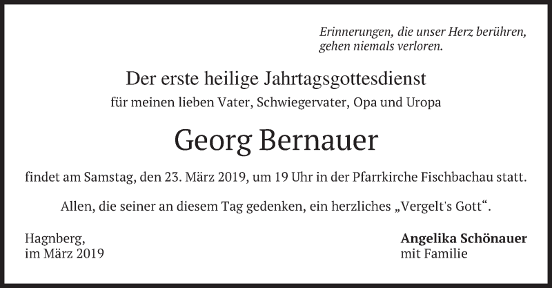  Traueranzeige für Georg Bernauer vom 20.03.2019 aus merkurtz