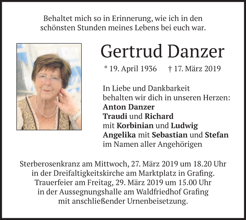  Traueranzeige für Gertrud Danzer vom 23.03.2019 aus merkurtz