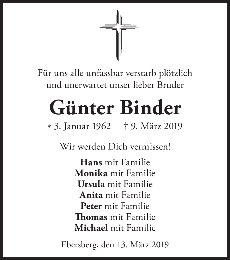  Traueranzeige für Günter Binder vom 13.03.2019 aus merkurtz